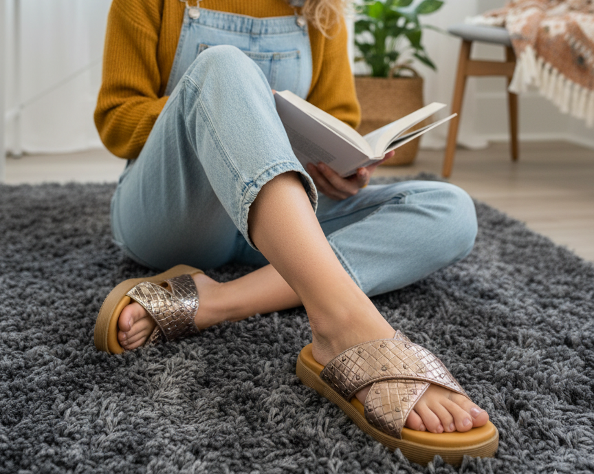Person wearing sandals sitting on a gray rug with a book